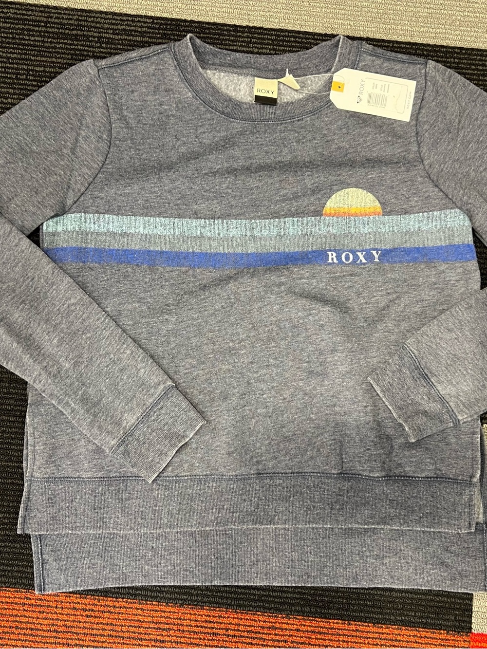 ROXY Gray Pullover Sweatshirt with Blue Stripe Sunset 🌅